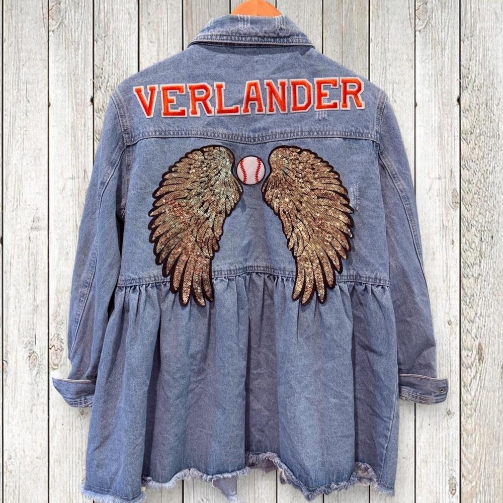 Houston Astros Justin Verlander Custom Denim Jacket Sequin Wings Women's L